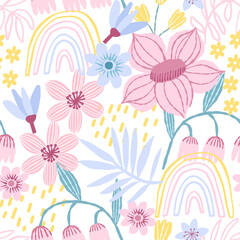 Wall Mural - Spring hand drawn flower seamless pattern. Spring floral background