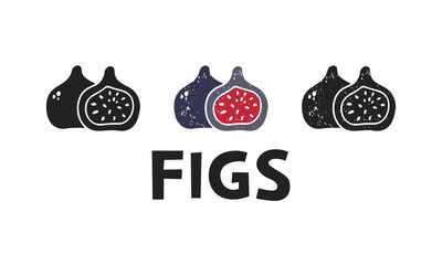 Wall Mural - Figs, silhouette icons set with lettering. Imitation of stamp, print with scuffs. Simple black shape and color vector illustration. Hand drawn isolated elements on white background