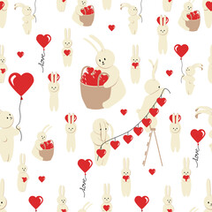 Wall Mural - Bunny vector seamless pattern. Valentine’s Day element. Character design cute animal with red hearts, love for Valentine day. Doodle cartoon style. Cute romantic couple baby rabbit, bunny. Greeting 