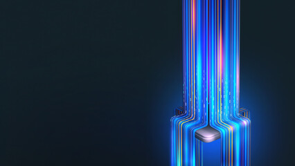 Leinwandbilder - Quantum processor innovative concept of computing machines. 3D illustration of streaming data processed by CPU. Cyber high speed data transmission technology