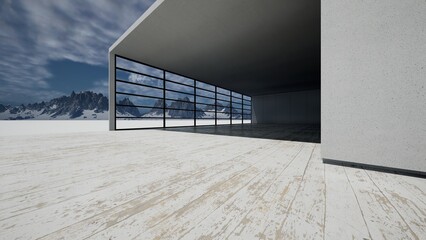 Poster - Empty floor for car park. 3d rendering of abstract gray building with clear sky background.