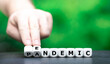 Symbol for a shift from pandemic to endemic. Hand turns dice and changes the word pandemic to endemic.