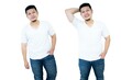 © Igunt - Shirt design and people concept - closeup of young man in blank white tshirt front and rear isolated. Mock up template for design print