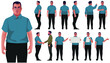 set of fat business people vector characters design diffrent posses front back and side view real character style