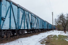 Blue Freight Train In Winter.