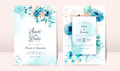 Blue wedding invitation card with watercolor floral decoration and abstract background