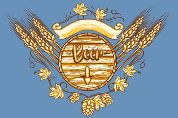 Wall Mural - Wooden barrel of beer decorative hand drawn emblem