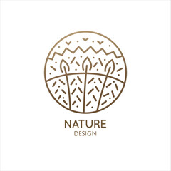 Wall Mural - Modern abstract nature logo. Natural symbol of forest, lake. Herbal plant, leaf, tree landscape icon. Vector line pattern. Circle emblem of garden. Tattoo, spiritual yoga, travel, cosmetics, beauty.