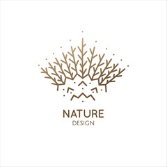 Wall Mural - Modern abstract nature logo. Natural symbol of forest, lake. Herbal plant, leaf, tree landscape icon. Vector line pattern. Circle emblem of garden. Tattoo, spiritual yoga, travel, cosmetics, beauty.