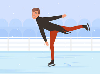 Sticker - Young Man Ice Skating on Rink with Cityscape Background Scene Vector Illustration