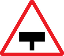 Wall Mural - Staggered intersection warning sign. Red triangle background. Traffic signs and symbols.