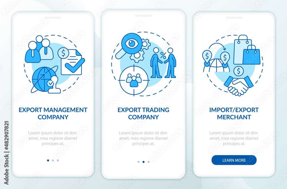 Types of import and export business blue onboarding mobile app screen ...