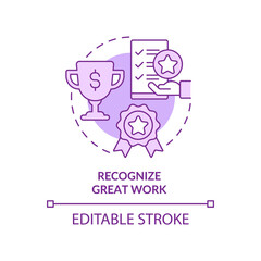 Sticker - Recognize great work purple concept icon. Employee appreciation abstract idea thin line illustration. Boost confidence. Isolated outline drawing. Editable stroke. Arial, Myriad Pro-Bold fonts used