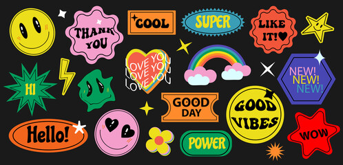 stickers retro 70s set. cool trendy labels, badges. modern acid patches hippie hipster style. vector