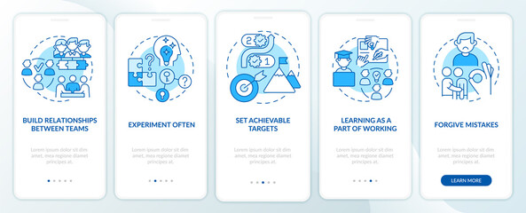 Wall Mural - Worker commitment ideas blue onboarding mobile app screen. Experiment. Walkthrough 5 steps graphic instructions pages with linear concepts. UI, UX, GUI template. Myriad Pro-Bold, Regular fonts used