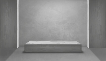 Grey Concrete studio room with 3D podium mockup,Vector backdrop empty modern loft design with lighting on back wall and rough gray cement floor, industrial interior background template