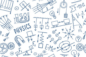Wall Mural - Phisics symbols doodle seamless pattern. Science subject cover template design. Education study concept. Back to school sketchy background for notebook, not pad, sketchbook. Hand drawn illustration.