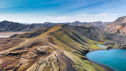 Wall Mural - Lake and mountains of Landmannalaugar landscape in summer season, aerial view - Iceland - Europe