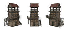 Medieval Tower Building With Timber And Stone Construction. 3D Illustration With 3 Different Angles Isolated On White.