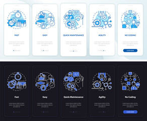 Advantages of no code night and day mode onboarding mobile app screen. Web walkthrough 5 steps graphic instructions pages with concepts. UI, UX, GUI template. Myriad Pro-Bold, Regular fonts used
