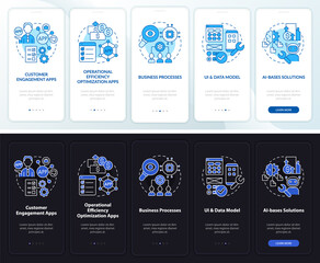 Apps for business night and day mode onboarding mobile app screen. Web walkthrough 5 steps graphic instructions pages with linear concepts. UI, UX, GUI template. Myriad Pro-Bold, Regular fonts used