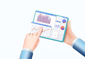 Tablet in cartoon hands with user interface demonstration, analytics, financial processes. Vector illustration in 3d style.