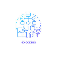 No coding blue gradient concept icon. Build platform with low code requirements. Online technology. Web 3 0 abstract idea thin line illustration. Isolated outline drawing. Myriad Pro-Bold fonts used