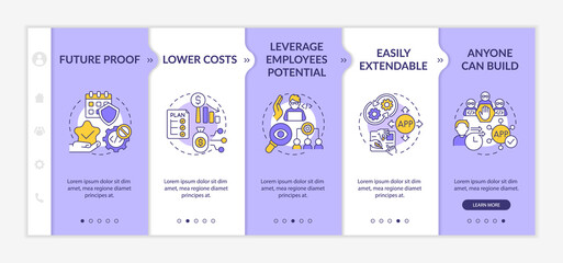 Advantages of no code purple and white onboarding template. Web 3 0. Responsive mobile website with linear concept icons. Web page walkthrough 5 step screens. Lato-Bold, Regular fonts used