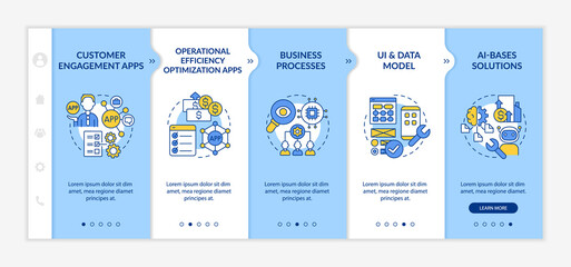 Apps to create with low code platforms blue and white onboarding template. Responsive mobile website with linear concept icons. Web page walkthrough 5 step screens. Lato-Bold, Regular fonts used
