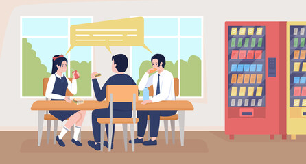 Wall Mural - Students in uniforms on break flat color vector illustration. School cafeteria space. Lunch time. Pupils eating snacks from vending machine 2D cartoon characters with window on background