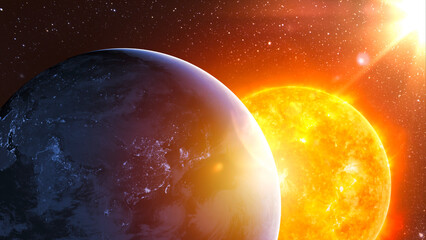 Fototapete - Planet earth planet in deep space against blue nebula and glowing hot sun. Night view from the orbit of the planet with cities lights and distant sun. Elements of this image furnished by NASA.