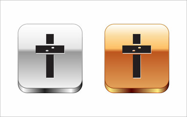 Sticker - Black Christian cross icon isolated on white background. Church cross. Silver-gold square button. Vector