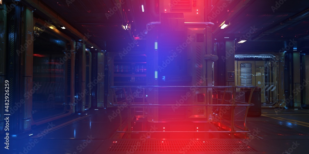 3D illustration of a futuristic room with blue and red neon lights ...