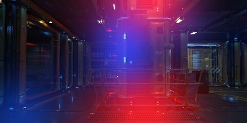 Wall Mural - 3D illustration of a futuristic room with blue and red neon lights. Cyberpunk scene. Industrial wallpaper