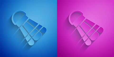 Wall Mural - Paper cut Badminton shuttlecock icon isolated on blue and purple background. Sport equipment. Paper art style. Vector