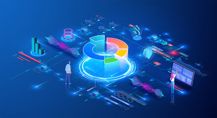 People Characters Working with Data Visualization. Investment monitoring. Economic analysis, financial strategy using an infographic chart. Online statistics and data analysis. Vector illustration