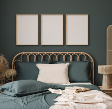 Poster Frame Mockup In Dark Blue Bedroom Interior Background With Rattan Furniture, 3d Render