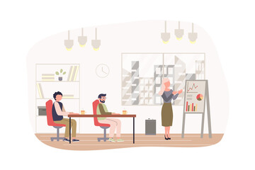 Aufkleber - Business meeting at conference room modern flat concept. Woman presenting report with data analysis, employees listen and discuss strategy. Vector illustration with people scene for web banner design