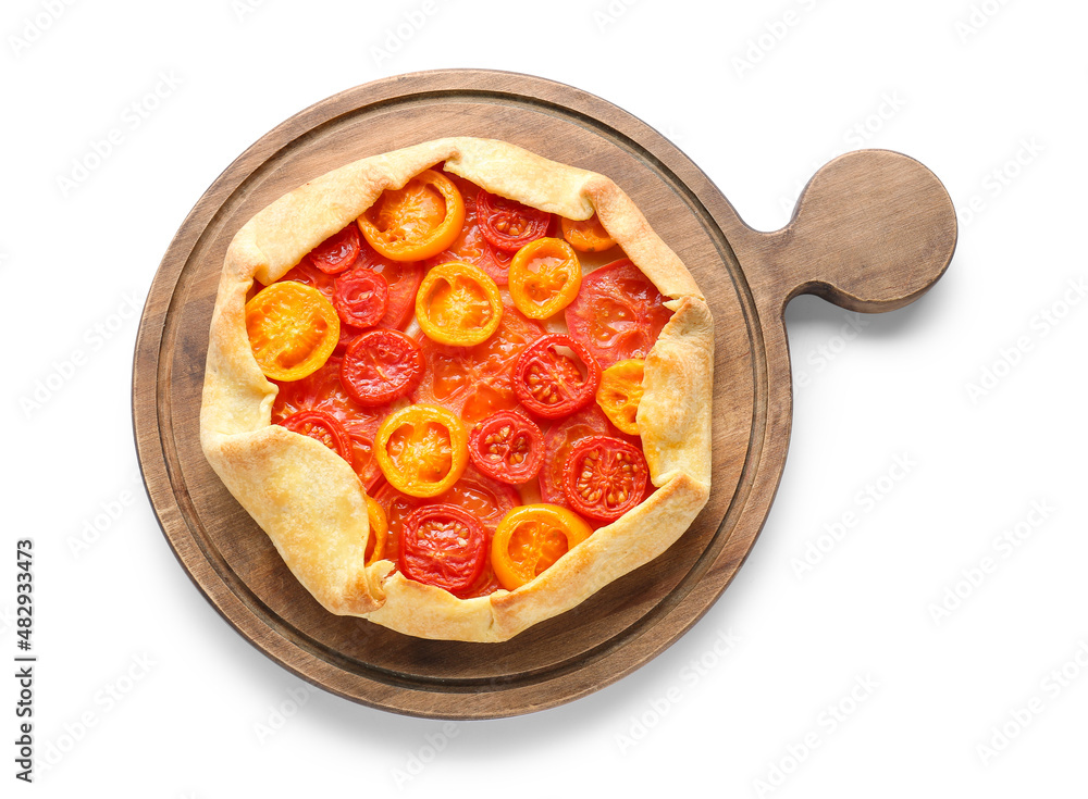 Board with tasty tomato galette on white background