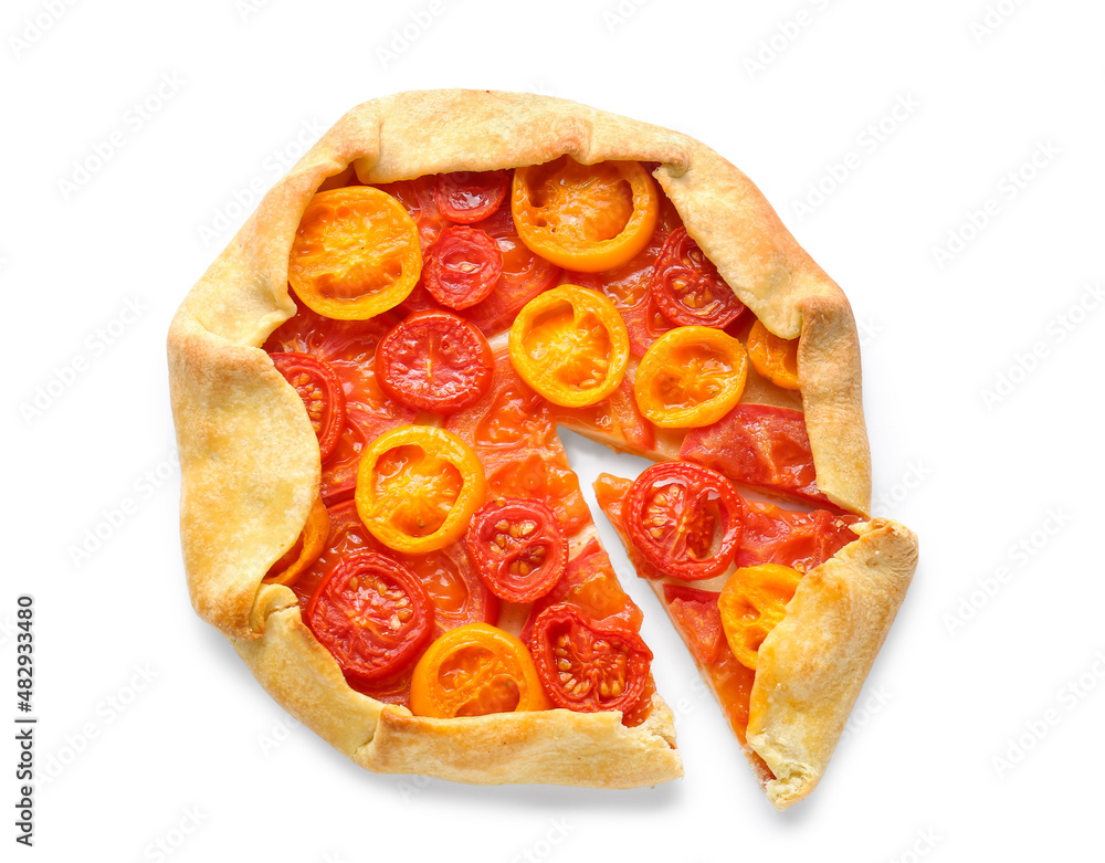 Tasty tomato galette on white background