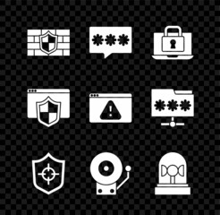 Poster - Set Shield with brick wall, Password protection, Laptop and lock, Ringing alarm bell, Flasher siren, Browser shield and exclamation mark icon. Vector