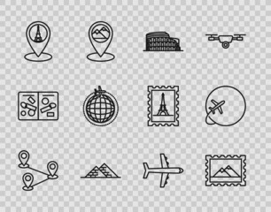 Sticker - Set line Route location, Postal stamp and Mountains, Coliseum Rome, Italy, Egypt pyramids, Map pointer with Eiffel tower, Globe flying plane, Plane and icon. Vector