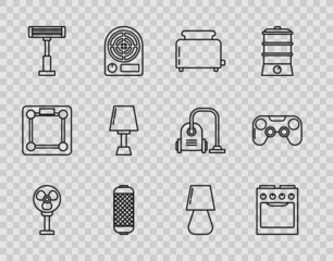 Wall Mural - Set line Electric fan, Oven, Toaster with toasts, Stereo speaker, heater, Table lamp, and Gamepad icon. Vector