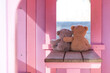 Teddy bear hugs sitting  on a table. Concept love and compassion in a relationship.  