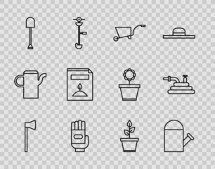 Canvas Print - Set line Wooden axe, Watering can, Wheelbarrow, Garden gloves, Shovel, A pack full of seeds of specific plant, Plant pot and hose or fire hose icon. Vector