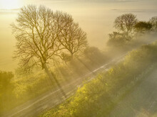 Drone View Of A Sunny Misty Autumn Morning Over Patrington, East Yorkshire, Uk.