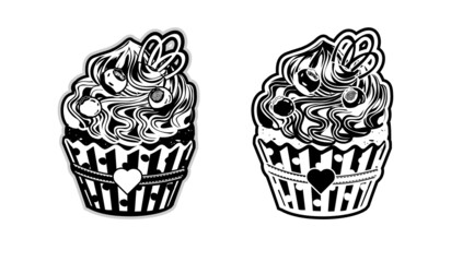 Black and white blueberries muffin  in two designs. .Cupcake in a package with a ribbon and a heart. Food icon in graphic style.Vector isolated illustration.