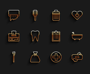 Sticker - Set line Toothbrush, Garbage bag, Paper towel dispenser on wall, Cross hospital medical, Bar of soap, Bathtub and Clipboard with checklist icon. Vector