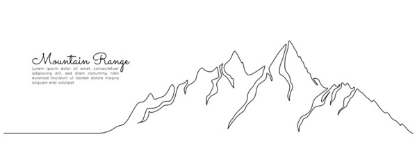 One continuous line drawing of mountain range landscape. Web banner with mounts and high peak in simple linear style. Adventure winter sports and hiking tourism concept. Doodle vector illustration