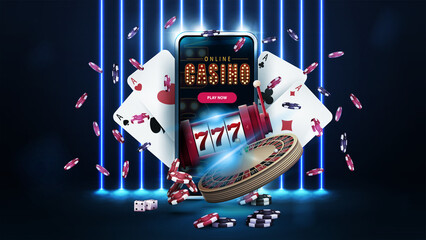Wall Mural - Blue banner with wall of line vertical blue neon lamps on background, smartphone, casino slot machine, Casino Roulette, cards and poker chips in dark scene